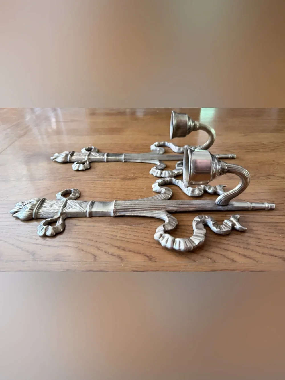 Gold brass Ribbon Torch Wall Sconces - Pair candle holders vintage